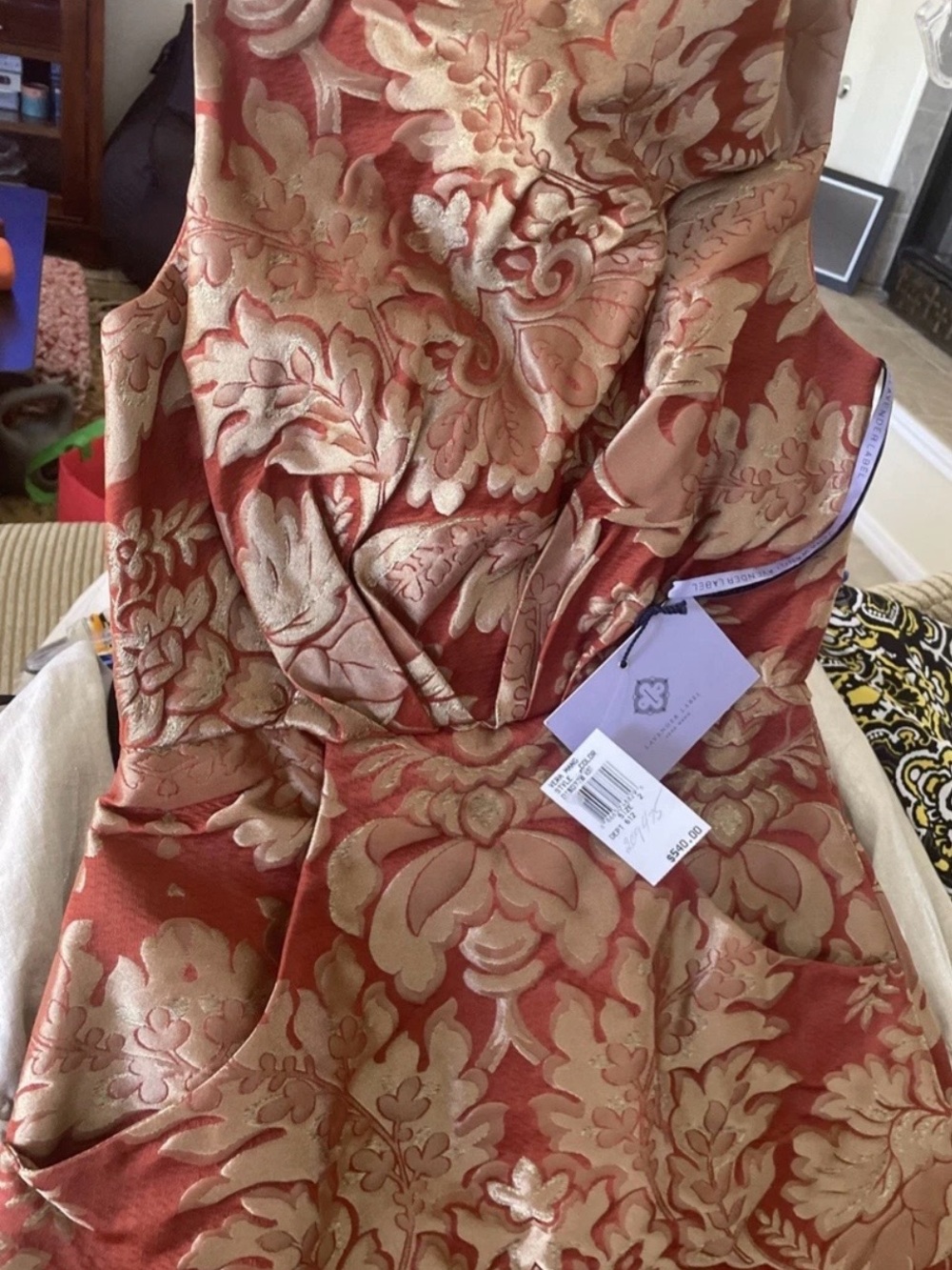 Vera Wang Lavender Label Red and Gold Brocade Midi Dress